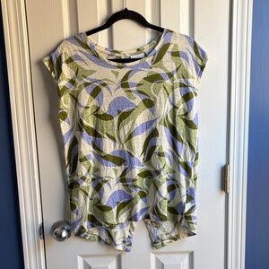 Nicole Miller 100% Linen Abstract Leaf Print Top Women's Size Large